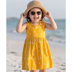 Babyhug Single Jersey Knit Sleeveless Frock with Floral Print - Yellow