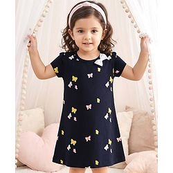 Babyhug Single Jersey Knit Half Sleeves Frock With Butterfly Print - Black
