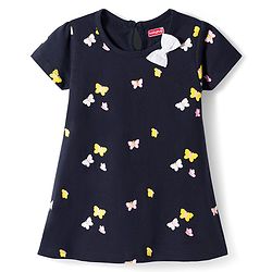 Babyhug Single Jersey Knit Half Sleeves Frock With Butterfly Print - Black