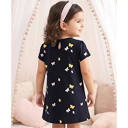 Babyhug Single Jersey Knit Half Sleeves Frock With Butterfly Print - Black