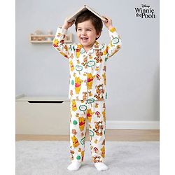 Babyhug Disney 100% Cotton Woven Full Sleeves Front Open Co-Ords Shirt & Pyjama Night Suit With Winnie the Pooh Print - Multicolour