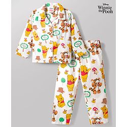 Babyhug Disney 100% Cotton Woven Full Sleeves Front Open Co-Ords Shirt & Pyjama Night Suit With Winnie the Pooh Print - Multicolour