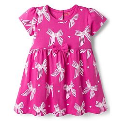 Babyhug Single Jersey Knit Half Sleeves Frock With Bow Print & Applique - Fuchsia
