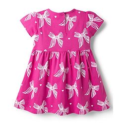Babyhug Single Jersey Knit Half Sleeves Frock With Bow Print & Applique - Fuchsia