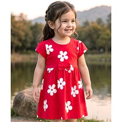Babyhug 100% Cotton Knit Half Sleeves Floral Printed Frock With Bow Applique - Red
