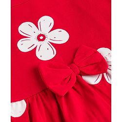 Babyhug 100% Cotton Knit Half Sleeves Floral Printed Frock With Bow Applique - Red