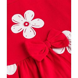 Babyhug 100% Cotton Knit Half Sleeves Floral Printed Frock With Bow Applique - Red