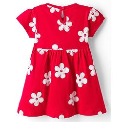 Babyhug 100% Cotton Knit Half Sleeves Floral Printed Frock With Bow Applique - Red
