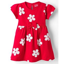 Babyhug 100% Cotton Knit Half Sleeves Floral Printed Frock With Bow Applique - Red