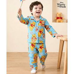 Babyhug Disney Cotton Woven Full Sleeves Shirt & Pyjama Co-ord Night Suit With Winnie The Pooh Print - Light Blue