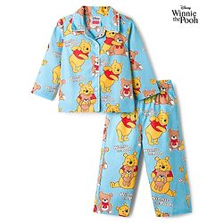 Babyhug Disney Cotton Woven Full Sleeves Shirt & Pyjama Co-ord Night Suit With Winnie The Pooh Print - Light Blue