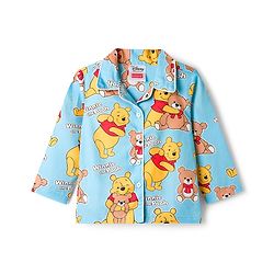 Babyhug Disney Cotton Woven Full Sleeves Shirt & Pyjama Co-ord Night Suit With Winnie The Pooh Print - Light Blue