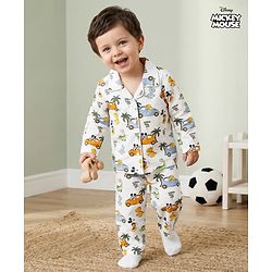 Babyhug Disney Cotton Woven Full Sleeves Co-ords Night Suit With Dino Print - White