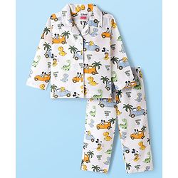 Babyhug Disney Cotton Woven Full Sleeves Co-ords Night Suit With Dino Print - White