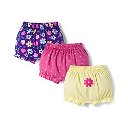 Babyhug 100% Cotton Knit Bloomers with Floral Print Pack of 3 - Yellow Purple & Pink