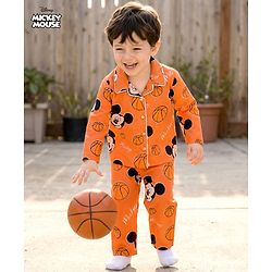 Babyhug Disney 100% Cotton Woven Full Sleeves Front Open Shirt & Pyjama Co-Ord Night Suit With Micky Mouse Print - Orange