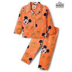 Babyhug Disney 100% Cotton Woven Full Sleeves Front Open Shirt & Pyjama Co-Ord Night Suit With Micky Mouse Print - Orange