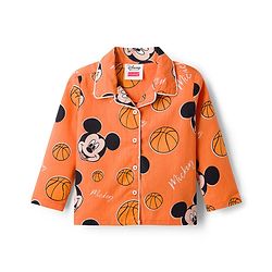 Babyhug Disney 100% Cotton Woven Full Sleeves Front Open Shirt & Pyjama Co-Ord Night Suit With Micky Mouse Print - Orange