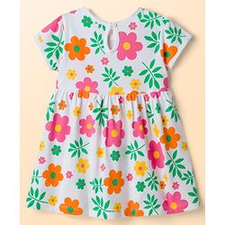 Babyhug 100% Cotton Knit Half Sleeves Floral Printed Frock With Bow Applique - White