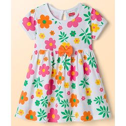 Babyhug 100% Cotton Knit Half Sleeves Floral Printed Frock With Bow Applique - White