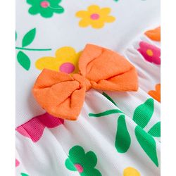Babyhug 100% Cotton Knit Half Sleeves Floral Printed Frock With Bow Applique - White