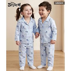 Babyhug Disney Cotton Woven Full Sleeves Co-ords Night Suit With Lilo & Stitch - Blue
