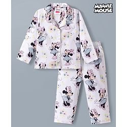 Babyhug Disney Cotton Woven Full Sleeves Co-ords Shirt & Pajama Night Suit with Minnie Mouse Print - White