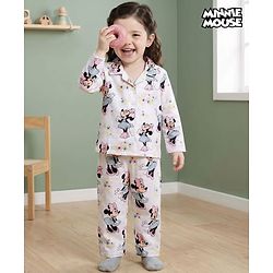 Babyhug Disney Cotton Woven Full Sleeves Co-ords Shirt & Pajama Night Suit with Minnie Mouse Print - White