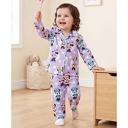 Babyhug Disney Cotton Woven Full Sleeves Front Open Co-Ords Shirt & Pyjama Night Suit With Minnie Mouse Print - Purple