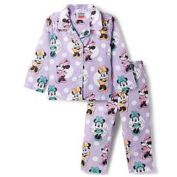 Babyhug Disney Cotton Woven Full Sleeves Front Open Co-Ords Shirt & Pyjama Night Suit With Minnie Mouse Print - Purple