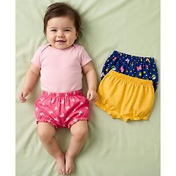 Babyhug 100% Cotton Single Jersey Knit Bloomers With Floral Print Pack Of 3 - Yellow Navy Blue & Pink