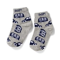 Cute Walk by Babyhug Non Terry Knit Ankle Length Anti Bacterial Socks With Stripes & Bus Design Pack of 3 - Grey Navy Blue & White