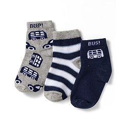 Cute Walk by Babyhug Non Terry Knit Ankle Length Anti Bacterial Socks With Stripes & Bus Design Pack of 3 - Grey Navy Blue & White