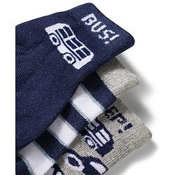 Cute Walk by Babyhug Non Terry Knit Ankle Length Anti Bacterial Socks With Stripes & Bus Design Pack of 3 - Grey Navy Blue & White