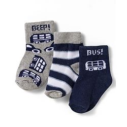 Cute Walk by Babyhug Non Terry Knit Ankle Length Anti Bacterial Socks With Stripes & Bus Design Pack of 3 - Grey Navy Blue & White