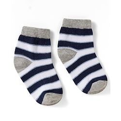 Cute Walk by Babyhug Non Terry Knit Ankle Length Anti Bacterial Socks With Stripes & Bus Design Pack of 3 - Grey Navy Blue & White
