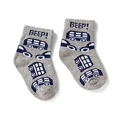 Cute Walk by Babyhug Non Terry Knit Ankle Length Anti Bacterial Socks With Stripes & Bus Design Pack of 3 - Grey Navy Blue & White