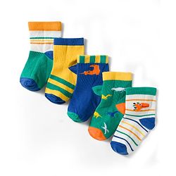 Cute Walk by Babyhug Non Terry Knit Ankle Length Anti Bacterial Socks With Stripes & Dinosaur Design Pack of 5 - Multicolour