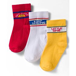 Cute Walk by Babyhug Non Terry Knit Ankle Length Anti Bacterial Socks With Text Design Pack of 3 - Yellow Red & White