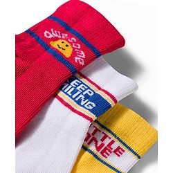 Cute Walk by Babyhug Non Terry Knit Ankle Length Anti Bacterial Socks With Text Design Pack of 3 - Yellow Red & White