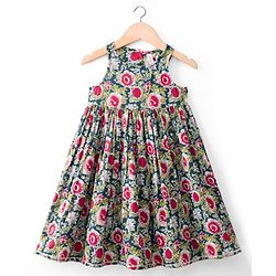 Babyhug Cambric Woven Three Fourth Sleeves Ethnic Dress With Floral Print - Blue