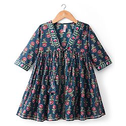 Babyhug Cambric Woven Three Fourth Sleeves Ethnic Dress With Floral Print - Blue