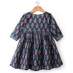 Babyhug Cambric Woven Three Fourth Sleeves Ethnic Dress With Floral Print - Blue