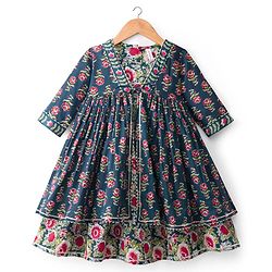 Babyhug Cambric Woven Three Fourth Sleeves Ethnic Dress With Floral Print - Blue