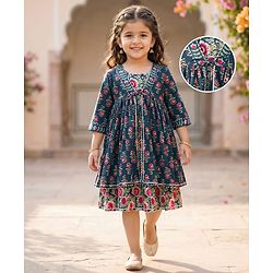Babyhug Cambric Woven Three Fourth Sleeves Ethnic Dress With Floral Print - Blue