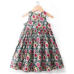 Babyhug Cambric Woven Three Fourth Sleeves Ethnic Dress With Floral Print - Blue