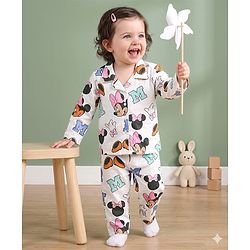 Babyhug Disney 100% Cotton Woven Full Sleeves Front Open Co-Ords Shirt & Pyjama Night Suit With Minnie Mouse Print - White