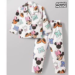 Babyhug Disney 100% Cotton Woven Full Sleeves Front Open Co-Ords Shirt & Pyjama Night Suit With Minnie Mouse Print - White