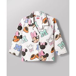 Babyhug Disney 100% Cotton Woven Full Sleeves Front Open Co-Ords Shirt & Pyjama Night Suit With Minnie Mouse Print - White