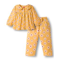 Babyhug Cotton Knit Full Sleeves Top & Pyjama Co-ord Night Suit With Floral Print - Yellow